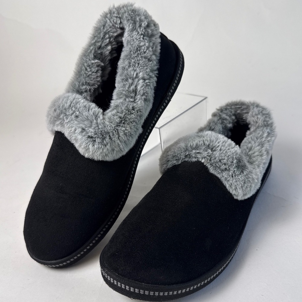 Skechers Memory Foam Faux Fur Slippers Black Grey Womens 6.5 SN 32784 Comfort